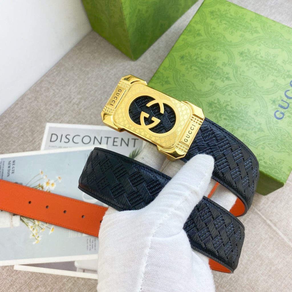 Black Woven Belt with Gold GG Buckle and Orange Lining Width 3.8cm