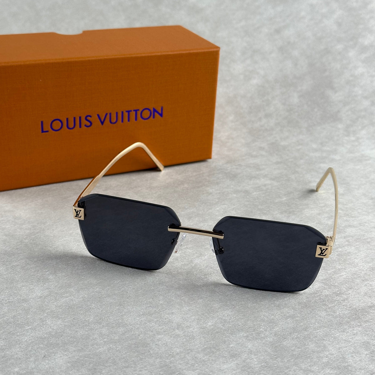 Classic L V Sunglasses Black Lens Gold Frame Rounded Rectangle Shades Unisex