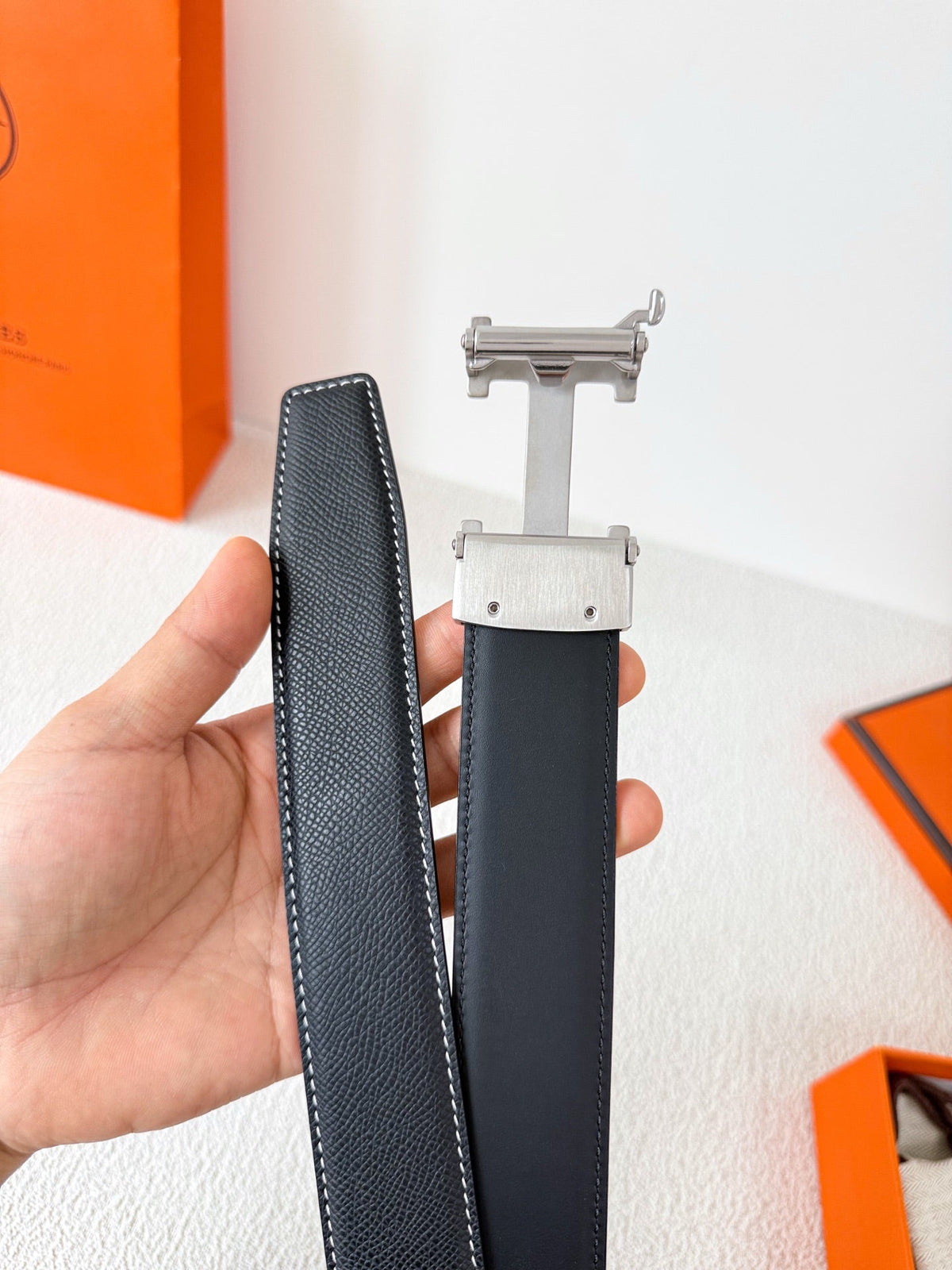 Premium Black Leather Belt with Silver H Buckle